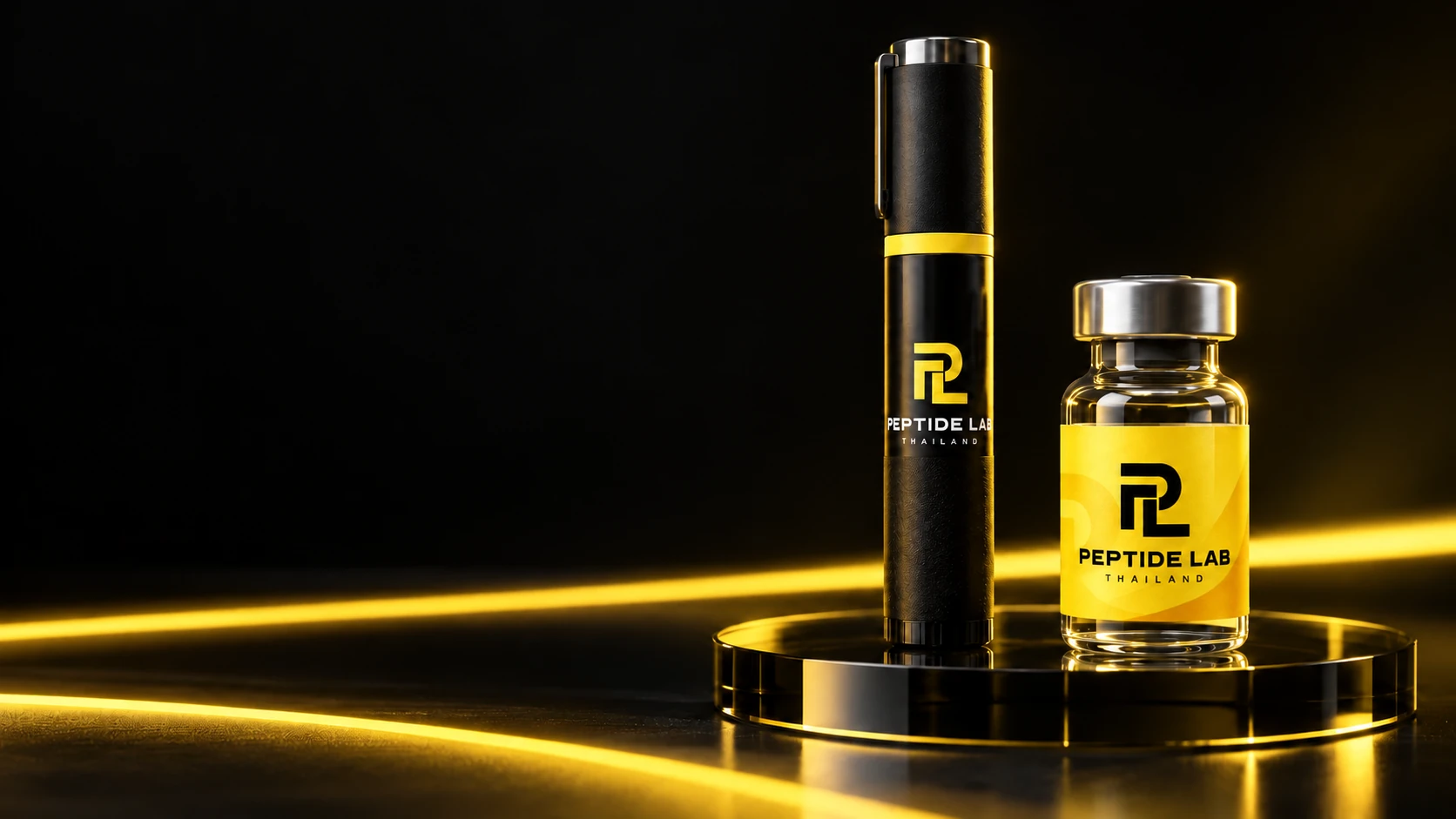Peptide Lab Thailand pen and vial with yellow studio lighting